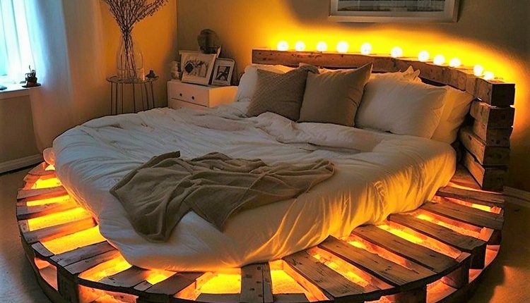 Pallet Round Shaped Bed with Lights