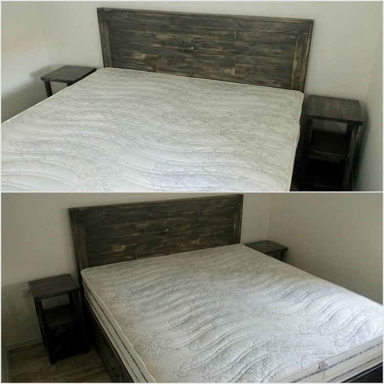 Wood Pallet Bed with Headboard and Side Tables
