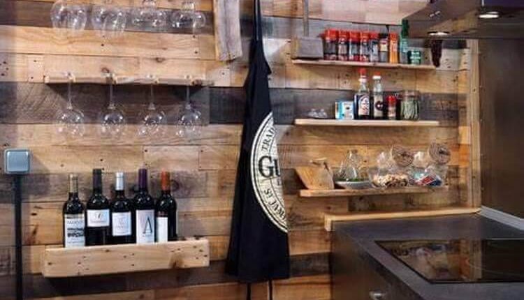 Pallet Wall Paneling with Shelves for Kitchen