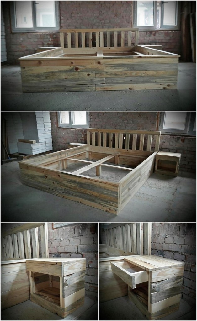 Recycled Wood Pallet Giant Bed Frame with Side Tables Pallet Wood