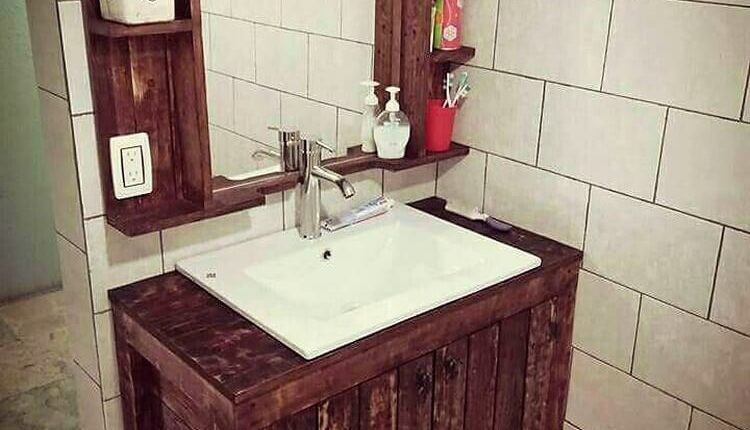 Pallet Bathroom Sink and Mirror with Shelves
