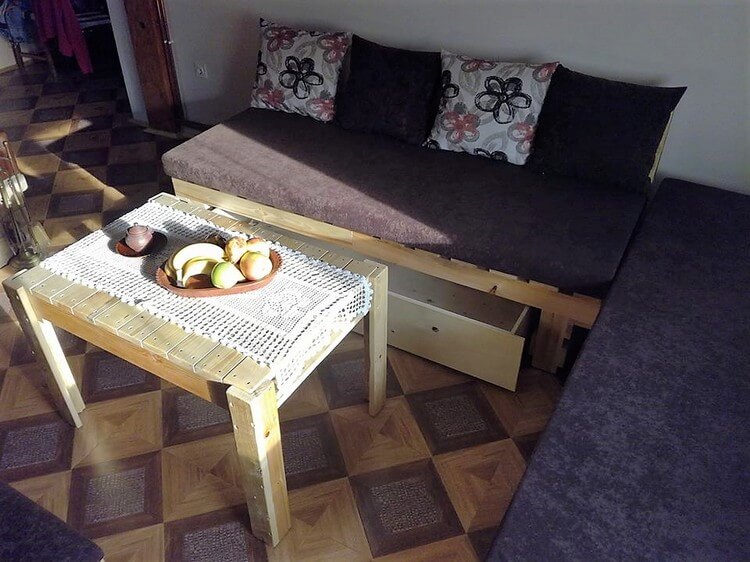 Pallet Couch with Drawer and Table