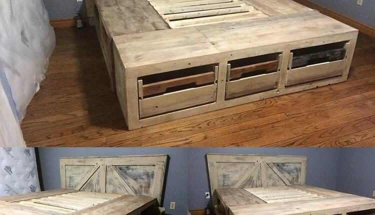 Recycled Pallet Bed with Storage Drawers