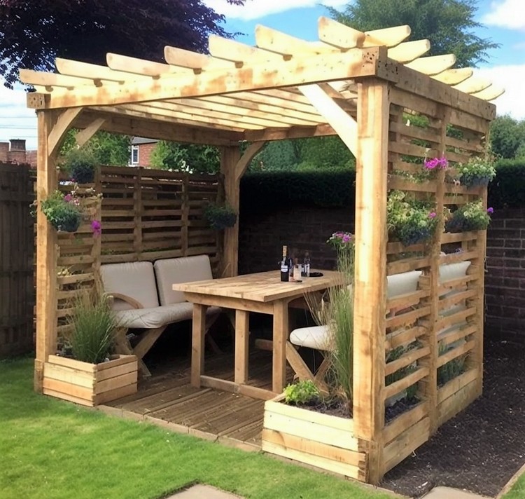 Hermosa pérgola de madera con idea para sentarse (2)