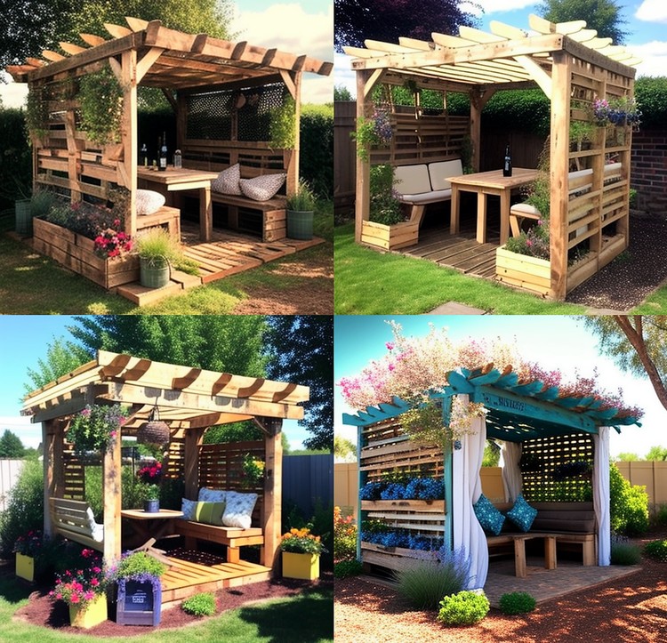 Hermosa pérgola de madera con idea para sentarse