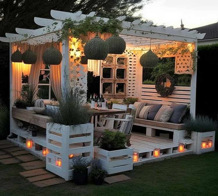 Garden Pergola with Seating and Lights on Deck (2)