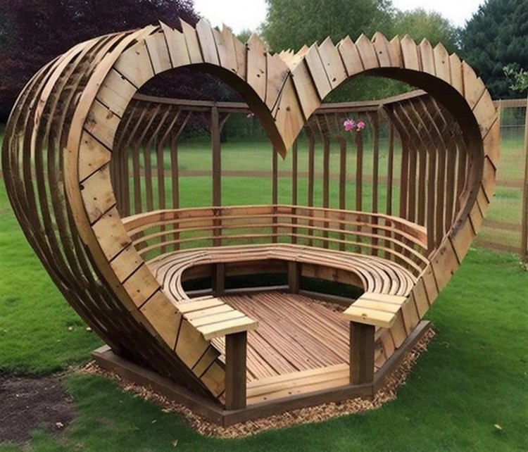 Pérgola de madera en forma de corazón con asientos (2)