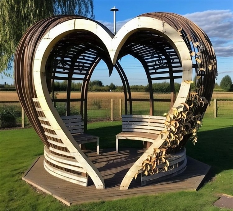 Pérgola de madera en forma de corazón con asiento (3)