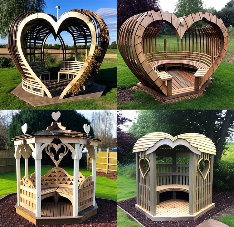 Pérgola de madera en forma de corazón con asientos