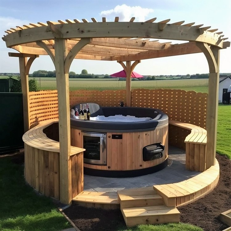 Bañera de hidromasaje con techo de pérgola y asientos