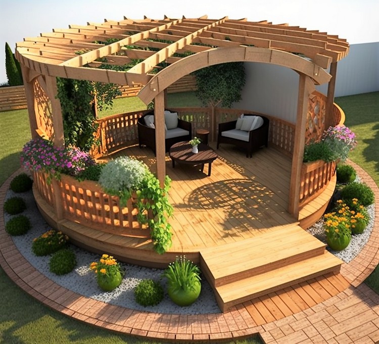 Pérgola de forma redonda con terraza y asientos (8)