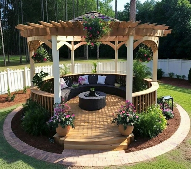 Pérgola de forma redonda con terraza y asientos (9)