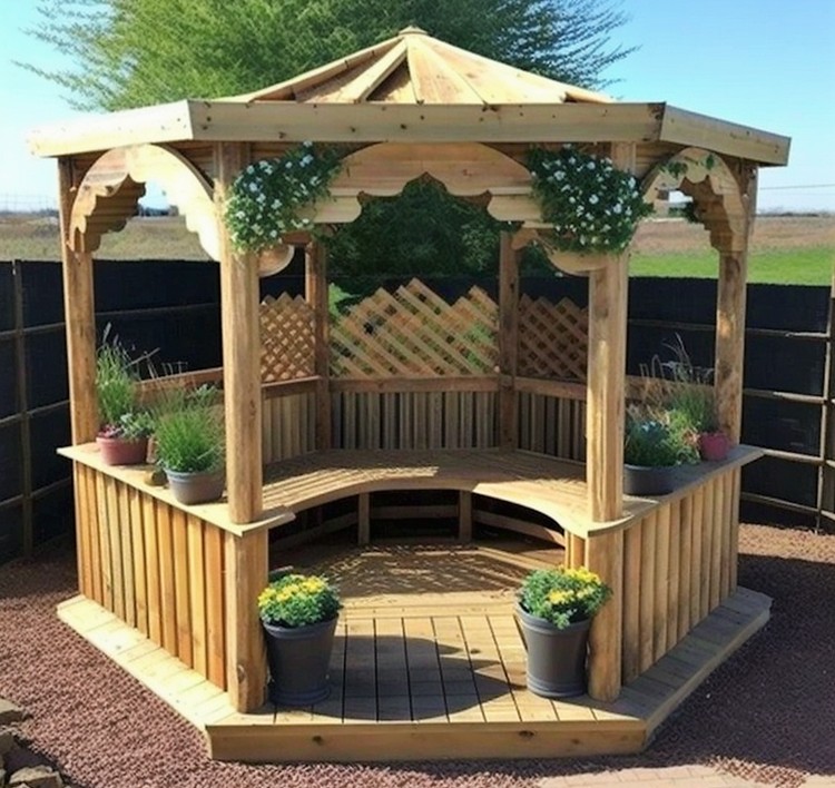 Pérgola de Madera con Asiento y Jardineras (4)